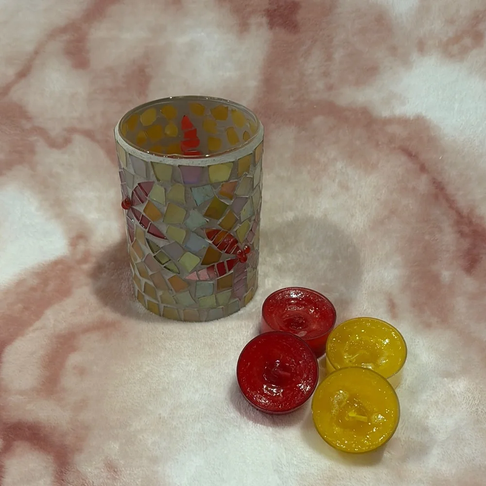 Crate & Barrel Stained Glass Pointsettia Mosaic Candle Holder w scented votifs R